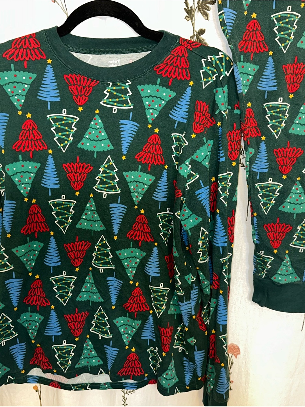 Carter's Green Holiday Tree Pajama Top with Red and Blue Tree Motifs